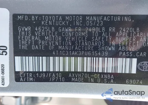 2023 Toyota Camry Le Hybrid from USA, damaged, VIN 4T1C31AK3PU615439